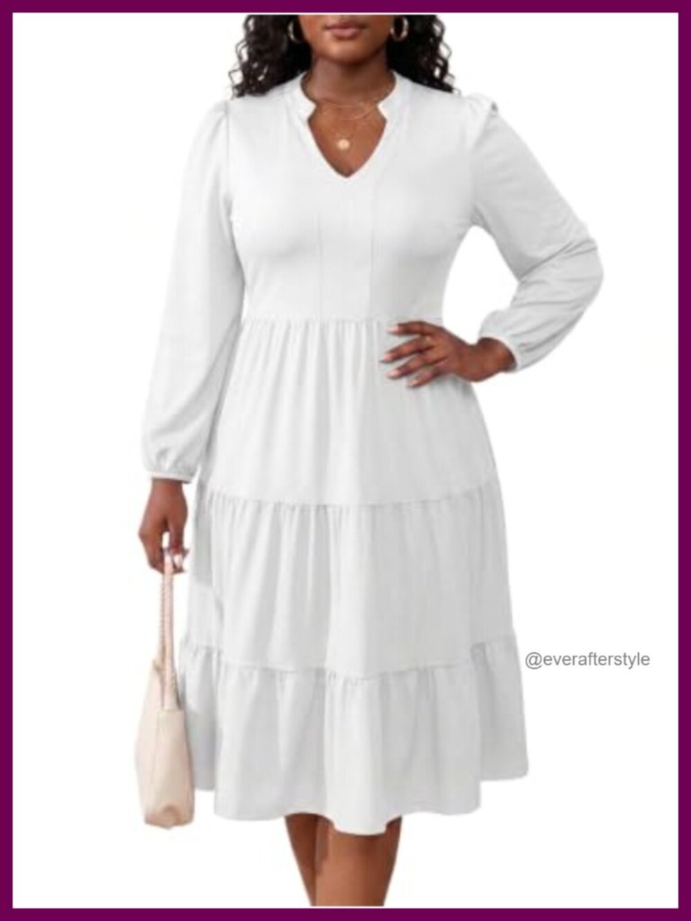 Women's Long Sleeve Midi Dress V Neck Tiered Flowy A Line Casual
